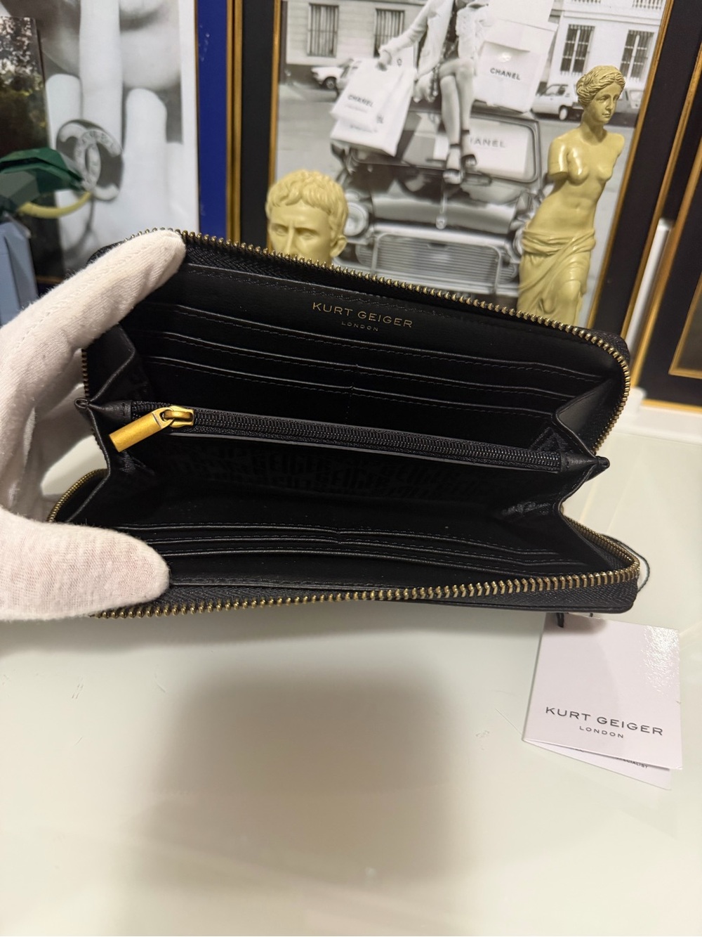 NWT Kurt Geiger Black Leather Zip-Around Wallet with Gold Emblem - Picture 8 of 9